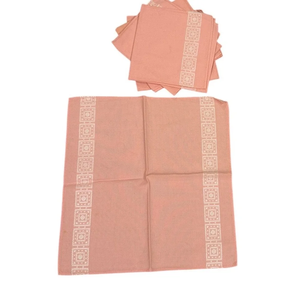 MCM Vintage Salmon Pink Cloth Napkins SetWhite Geometric‎ Border